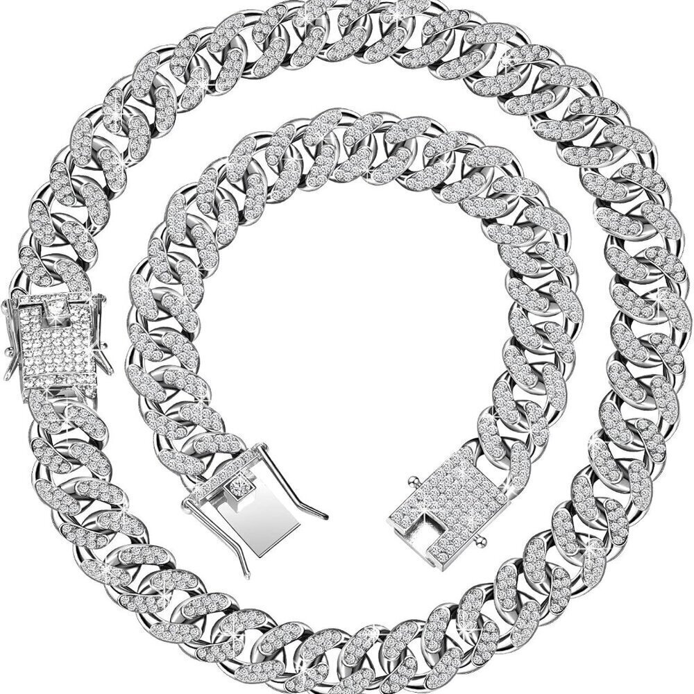2 Pieces Cuban Link Chain and Bracelet Set Silver Alloy Rhinestone Heavy
